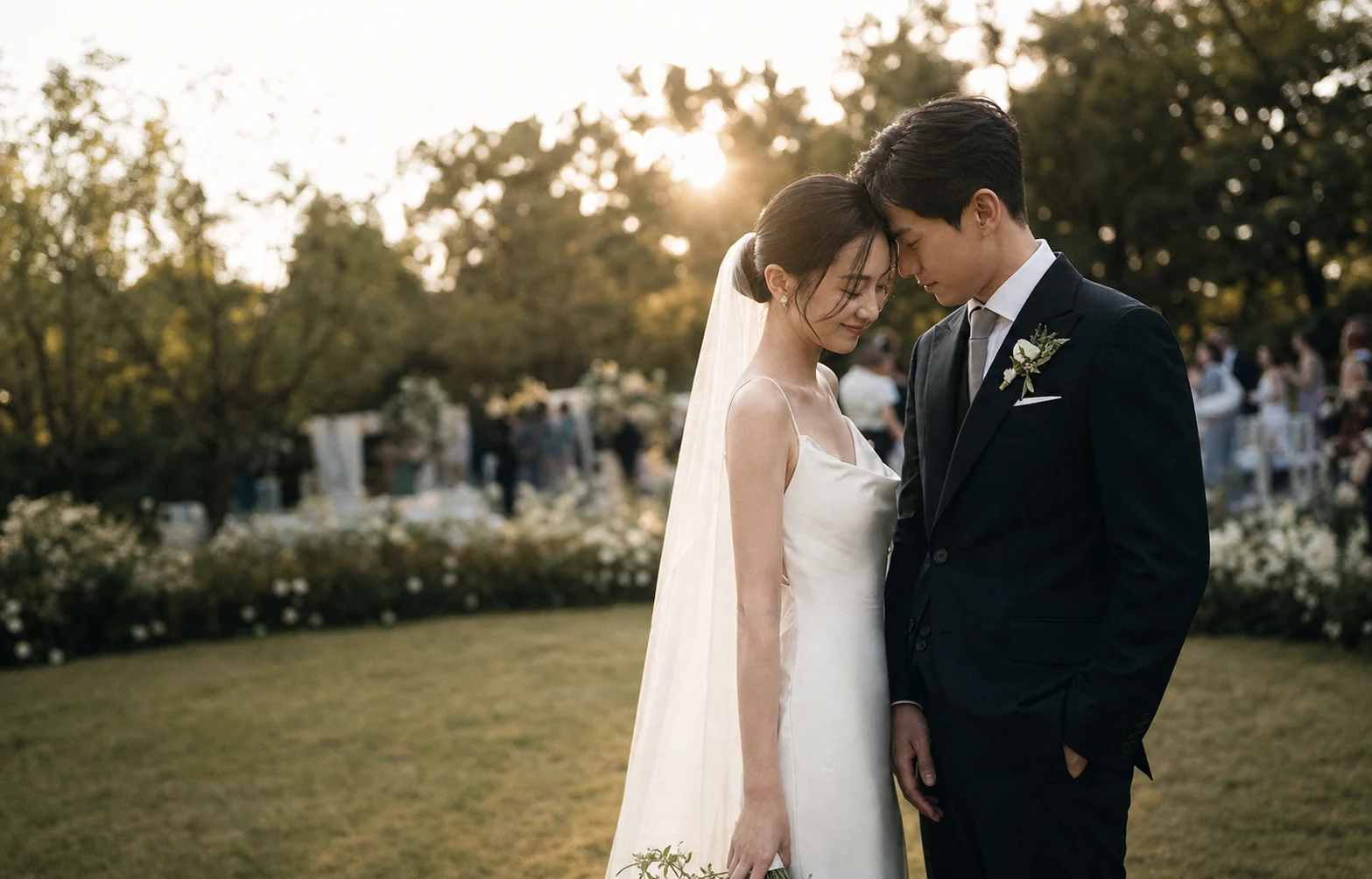 夕阳下婚礼仪式结束后相互依偎的新人