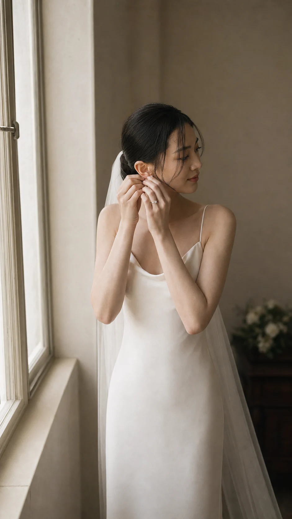 仪式前在窗边整理耳饰的新娘